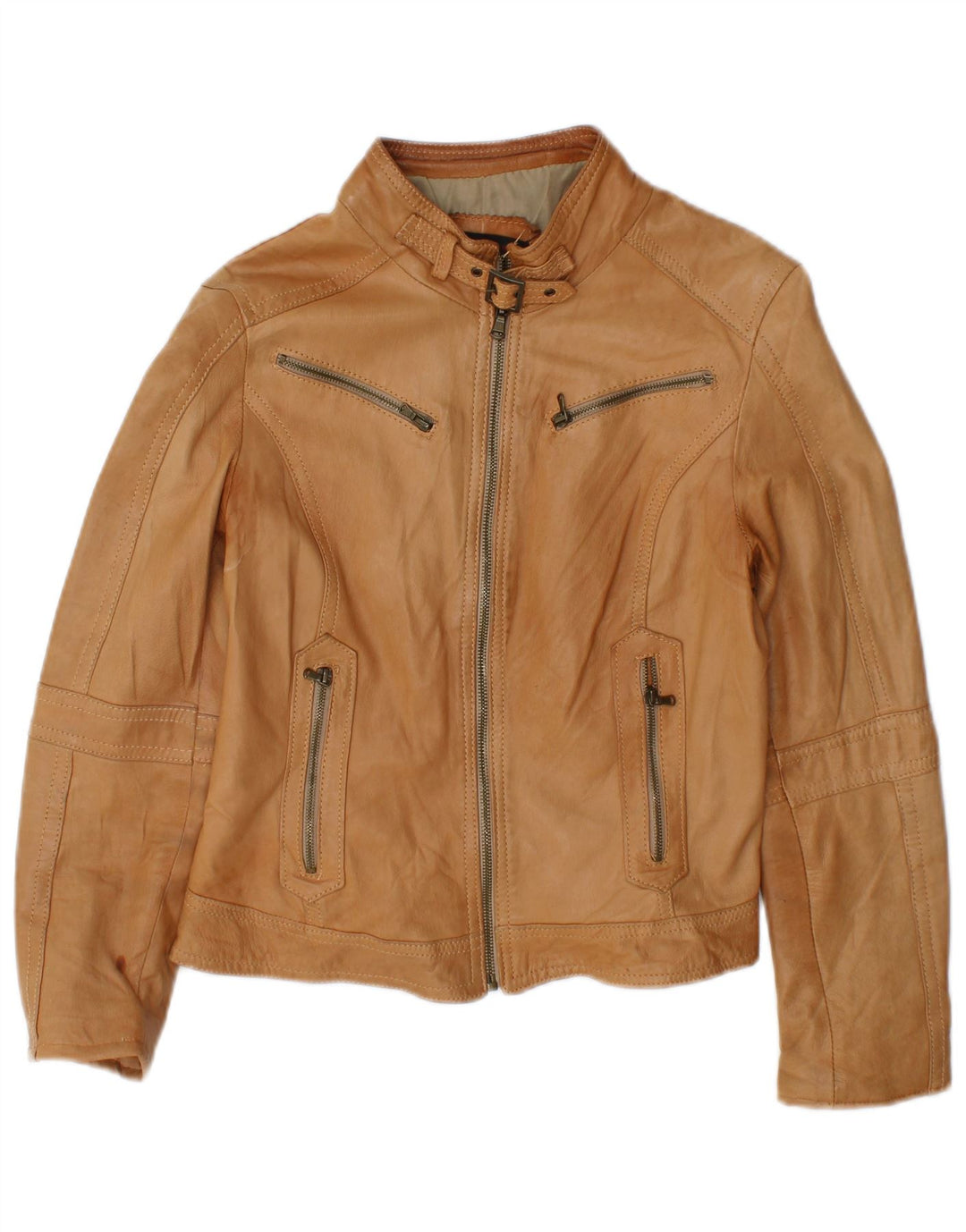 Sandro Ferrone Giacca in pelle corta da donna UK 14 Grande pelle marrone