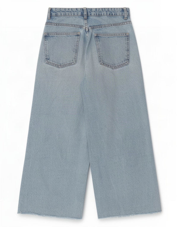 Jeans Zara da donna a vita alta a gamba larga corta EU 32 2XS W22 L22 cotone blu