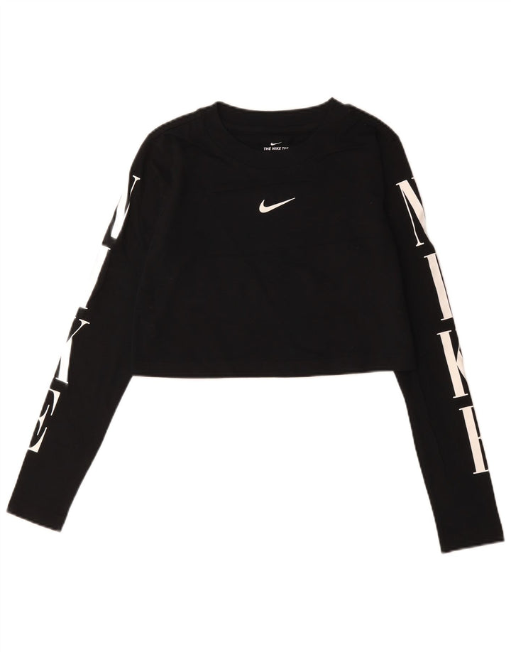 Nike - Top corto con grafica da donna, manica lunga, UK 10, piccolo, cotone nero