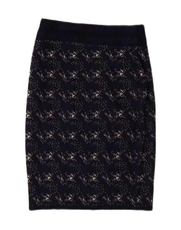 KOOKAI Womens Abstract Pattern Straight Skirt W24 XS Navy Blue Wool