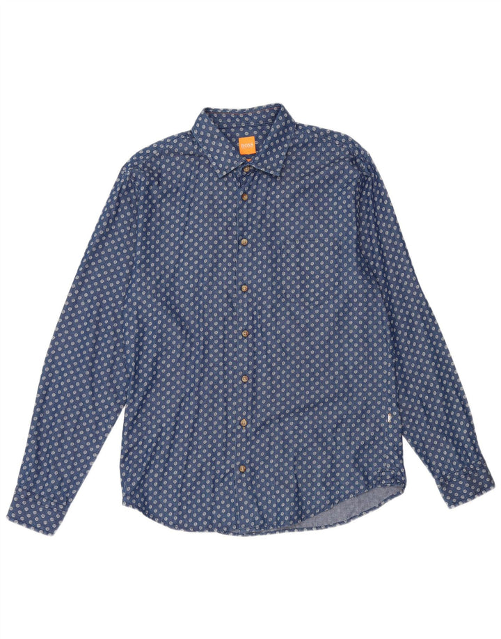 HUGO BOSS Mens Abstract Pattern Slim Fit Shirt Large Navy Blue Cotton