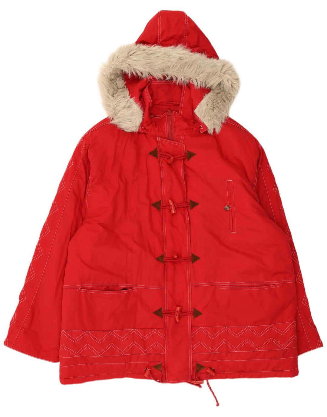 Giacca Parka con cappuccio da donna vintage UK 24 4XL Poliestere rosso Chevron