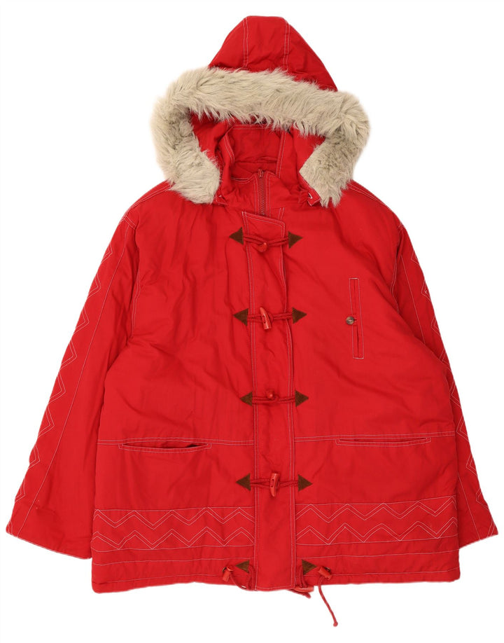 Giacca Parka con cappuccio da donna vintage UK 24 4XL Poliestere rosso Chevron