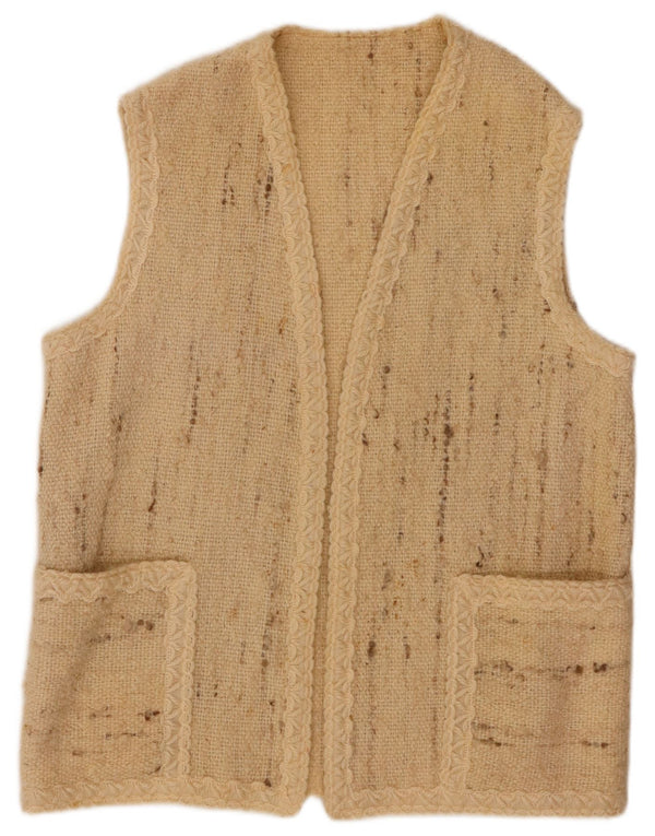 Maglione cardigan aperto senza maniche da donna VINTAGE UK 16 grande beige screziato