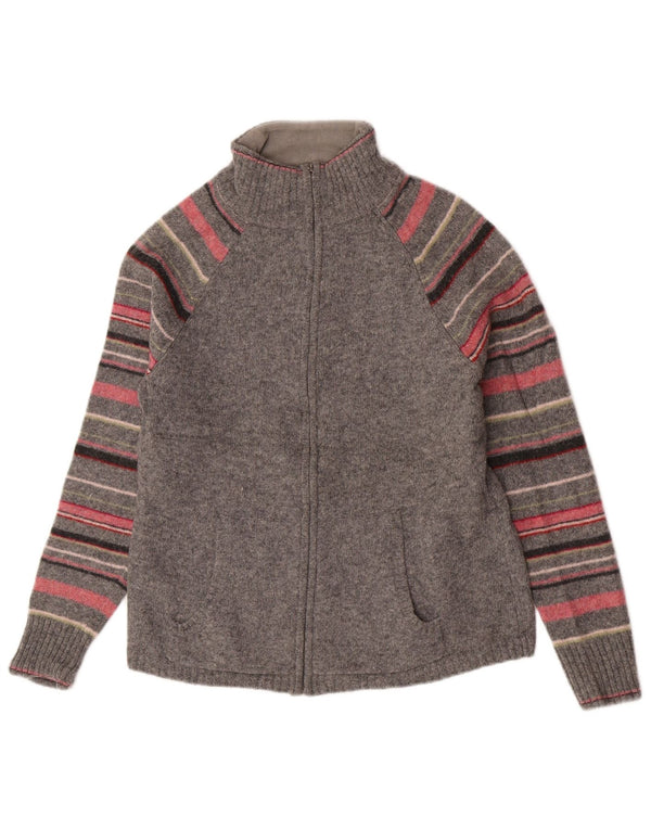 Maglione cardigan da donna Eddie Bauer UK 12 Lana d'agnello a righe grigio medio