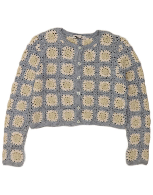 Maglione cardigan all'uncinetto corto da donna Zara UK 14 Blu medio floreale