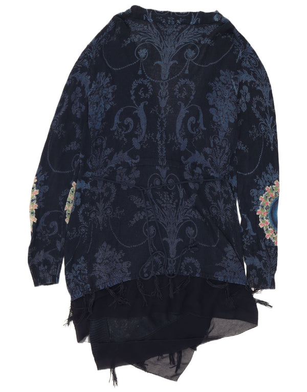 Desigual Womens Longline Open Cardigan Sweater UK 18 XL Navy Blue Paisley