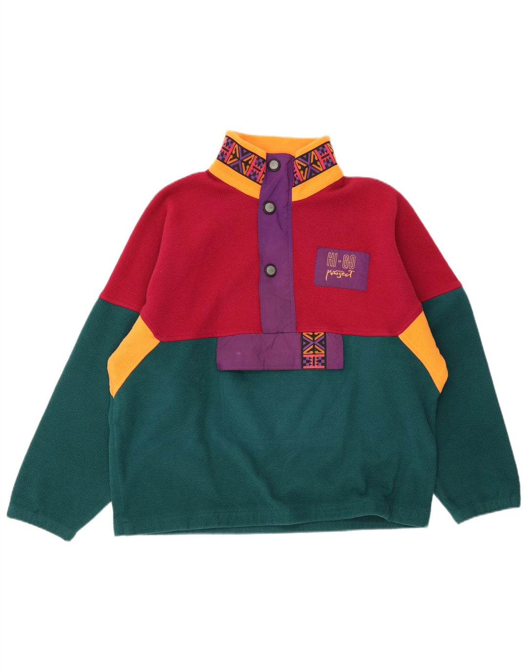 Maglione in pile vintage da uomo con collo a bottoni, grande blocco di colori multicolore