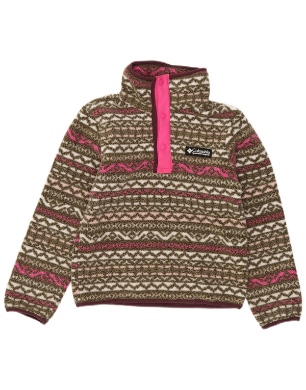 Maglione in pile Columbia per ragazze con bottoni e collo, 7-8 anni, piccolo color kaki Fair Isle