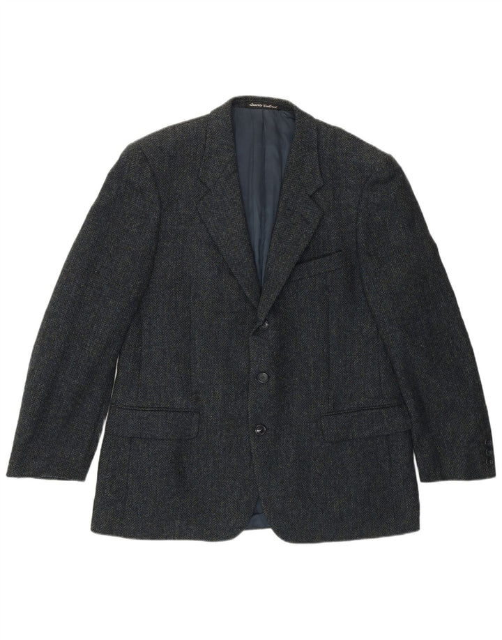 Giacca blazer da uomo a 3 bottoni VINTAGE IT 50 grande blu navy a spina di pesce