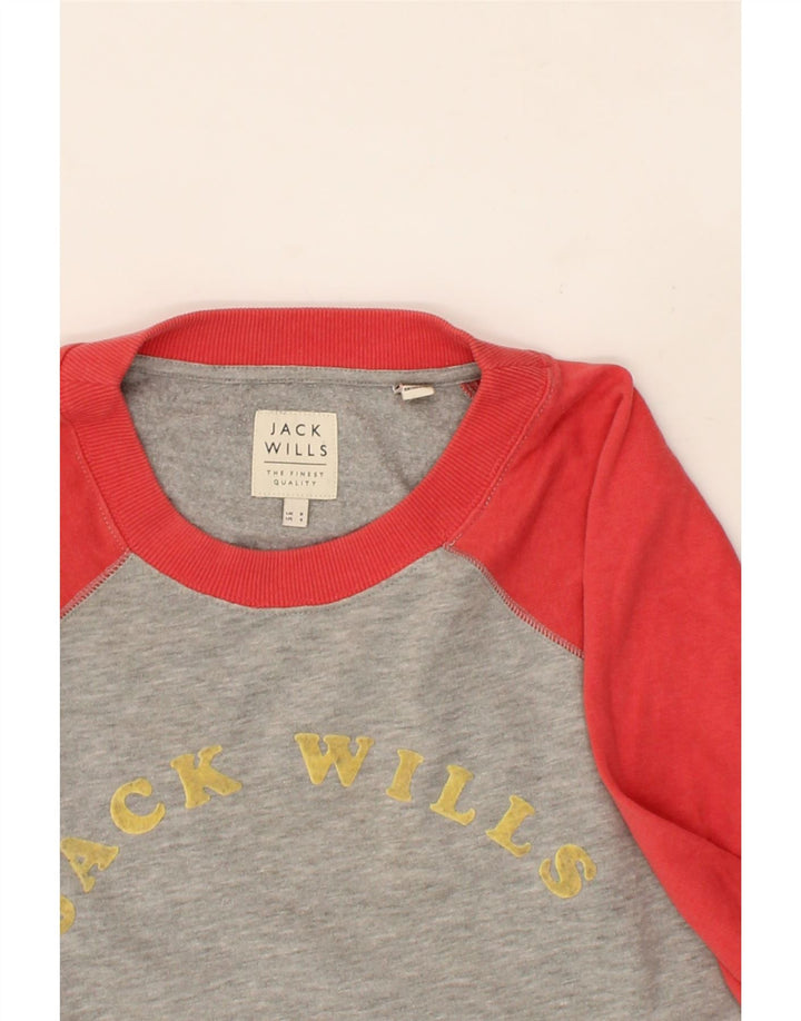 JACK WILLS Womens Graphic Sweatshirt Jumper UK 8 Small Grey Colourblock Vintage Jack Wills and Second-Hand Jack Wills from Messina Hembry 