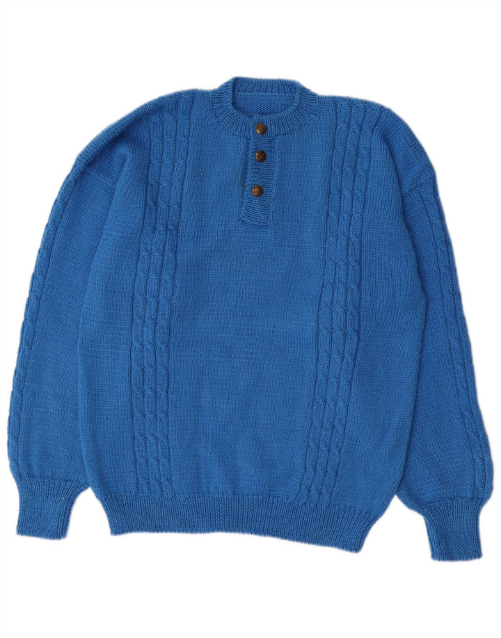 Maglione maglione vintage da donna con collo a bottoni UK 14 Blu medio