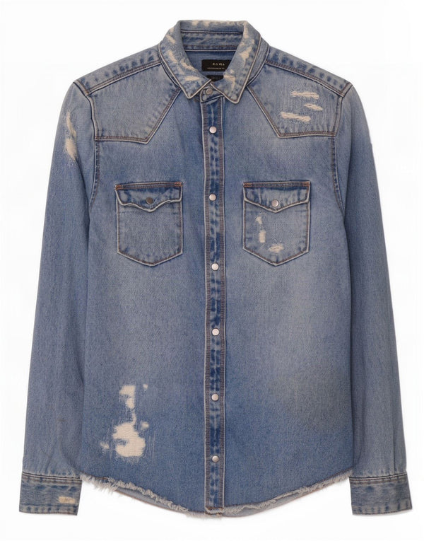 Camicia di jeans Zara da uomo, vestibilità rilassata, invecchiata, piccola, in cotone blu