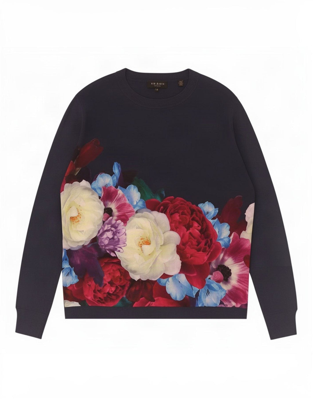 Maglione maglione da donna con scollo a barca Ted Baker taglia 3 medio blu navy floreale