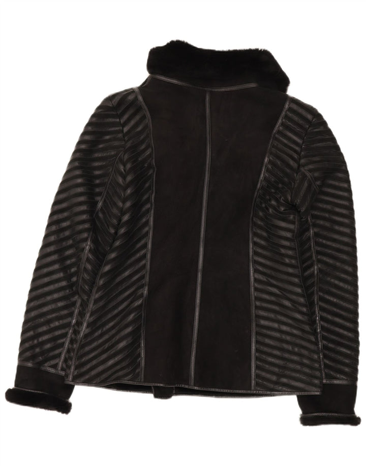Giacca in shearling vintage da donna UK 18 XL in pelle a righe nere
