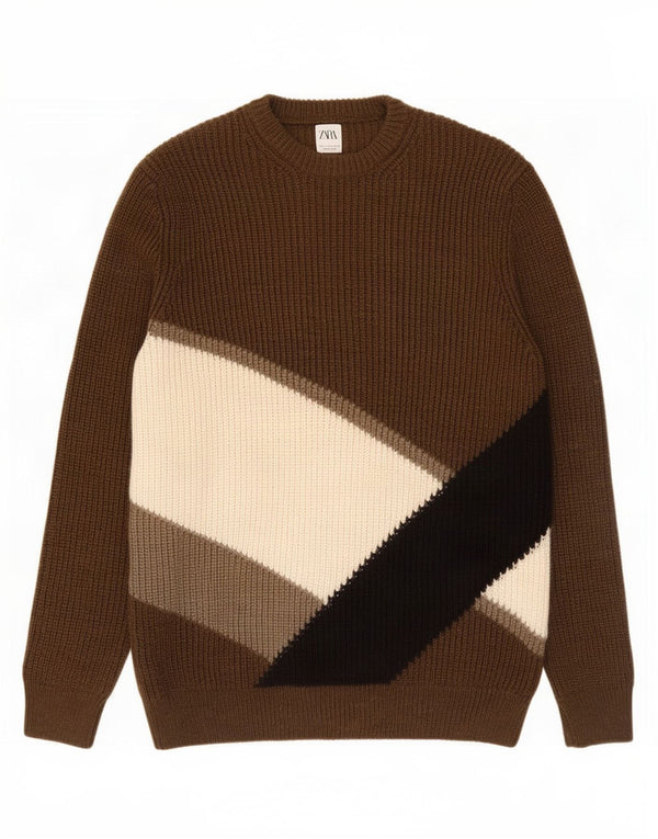 Maglione girocollo da uomo Zara XL in acrilico color block marrone