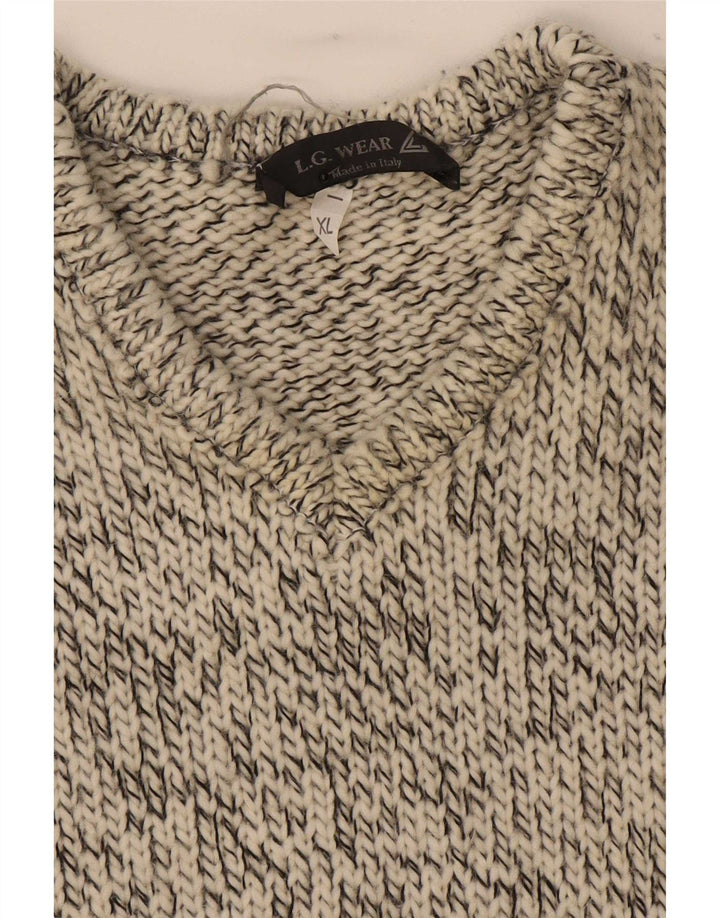 Maglione vintage da uomo con scollo a V XL in lana screziata grigia
