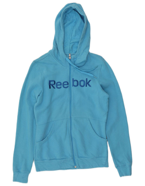 REEBOK Felpa con cappuccio con zip grafica da donna UK 14 Cotone blu medio