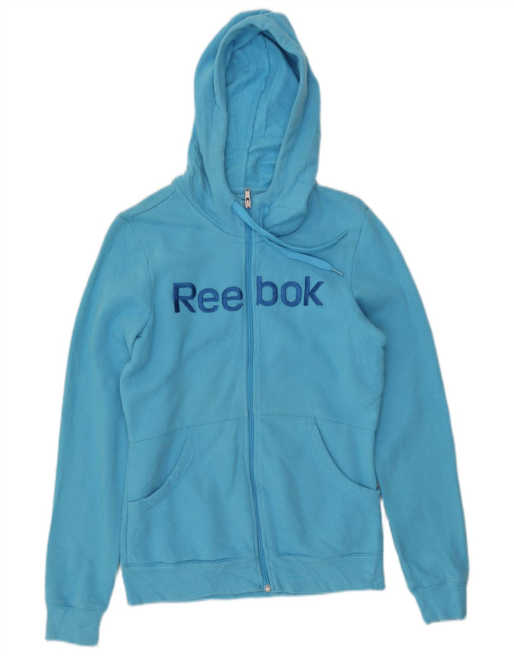 REEBOK Felpa con cappuccio con zip grafica da donna UK 14 Cotone blu medio