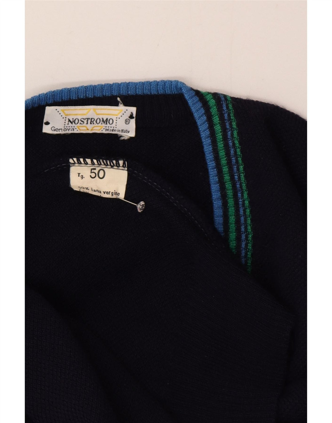 Maglione vintage da uomo con scollo a V IT 50 lana blu navy media