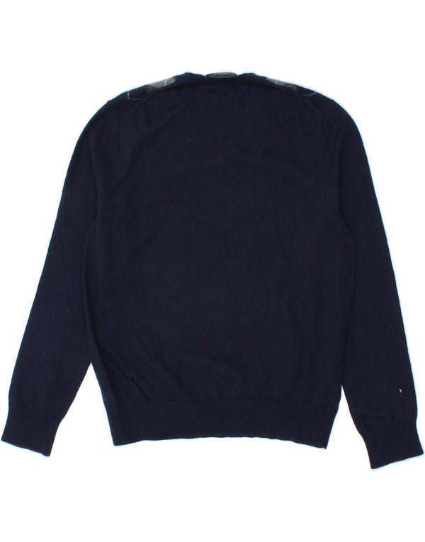 BANANA REPUBLIC Mens V-Neck Jumper Sweater Large Navy Blue Argyle/Diamond