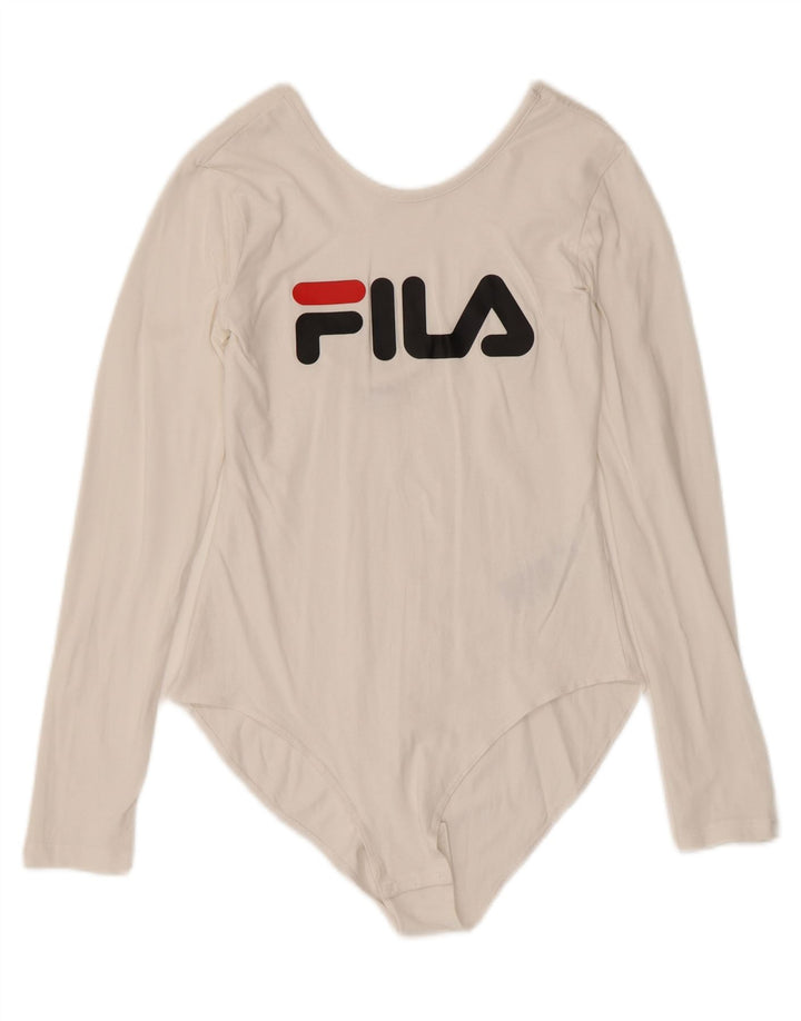 Body da donna a maniche lunghe con grafica Fila UK 12 cotone bianco sporco medio
