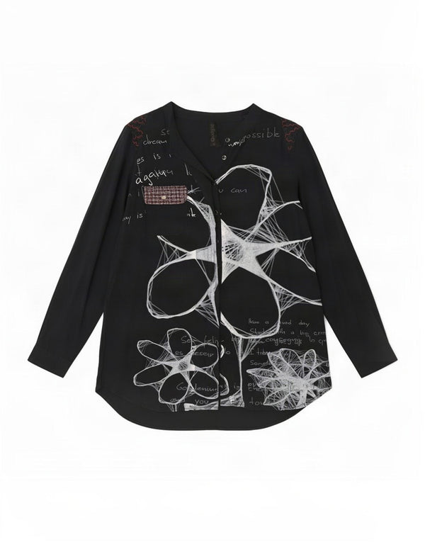 Desigual Camicia Grafica da Donna Camicetta UK 18 XL Viscosa Floreale Nera