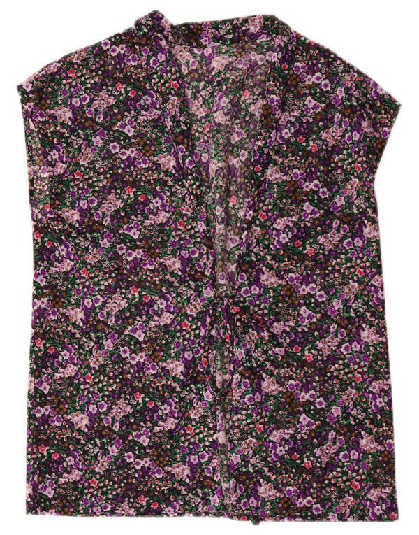 Top cardigan senza maniche vintage da donna UK 16 grande floreale multicolore
