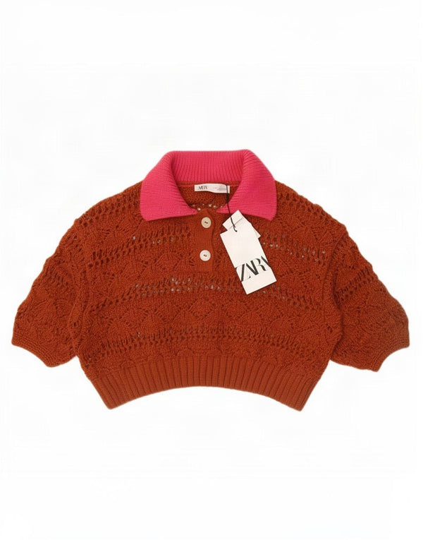 Maglione corto corto da donna Zara con collo a polo oversize UK 10 piccolo marrone