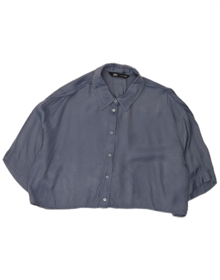 Zara Camicia a maniche corte corta oversize da donna, camicetta UK 10 piccola blu