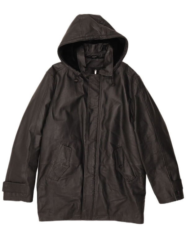 Giacca in pelle vintage da uomo con cappuccio IT 50 grande in pelle nera