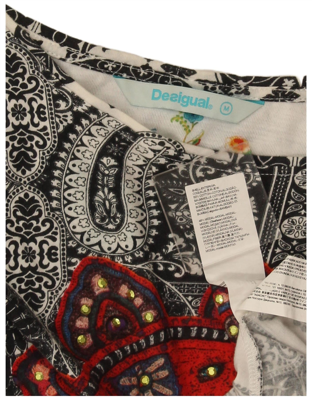 Desigual Donna Camicetta Asimmetrica Top UK 12 Cotone Paisley Bianco Medio