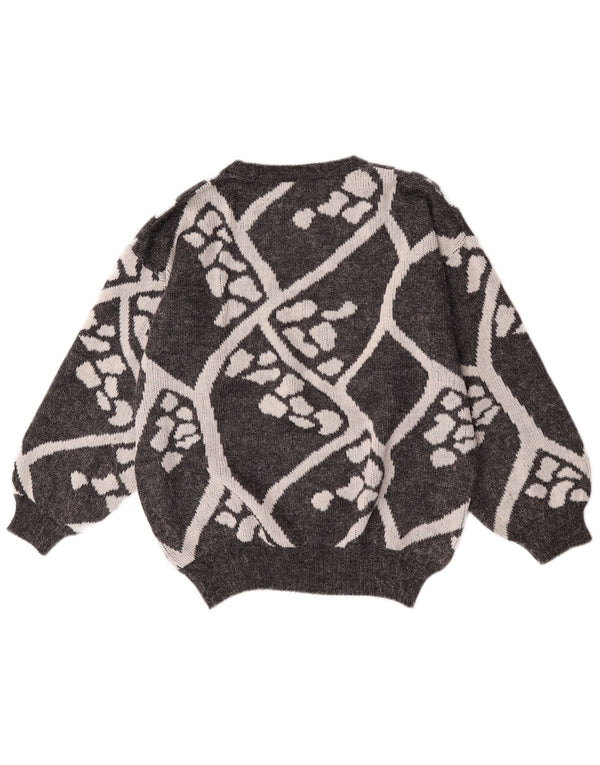 Maglione maglione girocollo da donna vintage UK 16 grande grigio geometrico