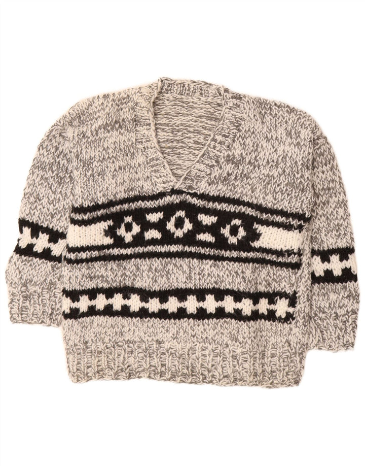 Maglione vintage da uomo con scollo a V grigio medio Fair Isle