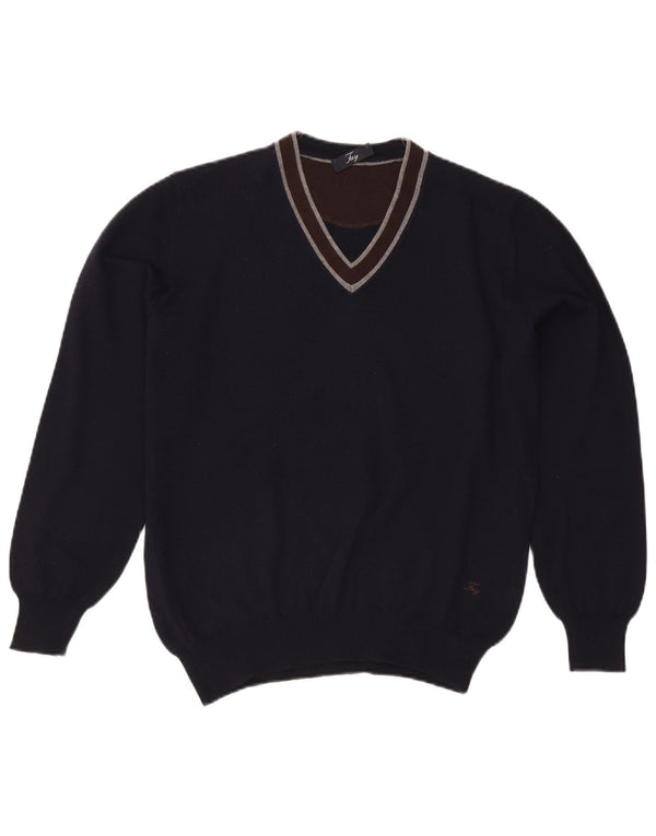 Maglione da uomo con scollo a V Fay, lana vergine color block medio blu navy