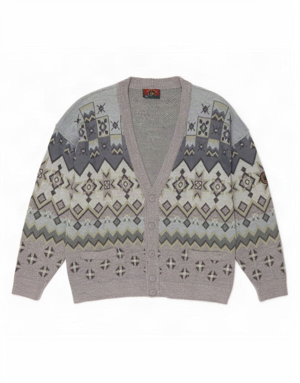 Navigare Mens Cardigan Sweater 2XL Grey Geometric Lambswool