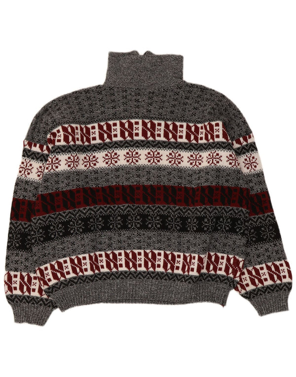 Maglione vintage da donna con collo con zip UK 14 Grigio medio Fair Isle
