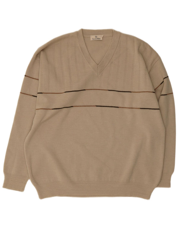Maglione vintage da uomo con scollo a V IT 50 Poliacrilico a righe beige medio