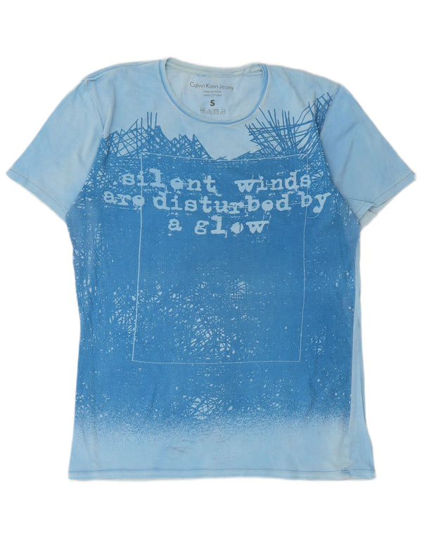 Calvin Klein Jeans T-shirt grafica da donna Top UK 10 Small Blu Cotone