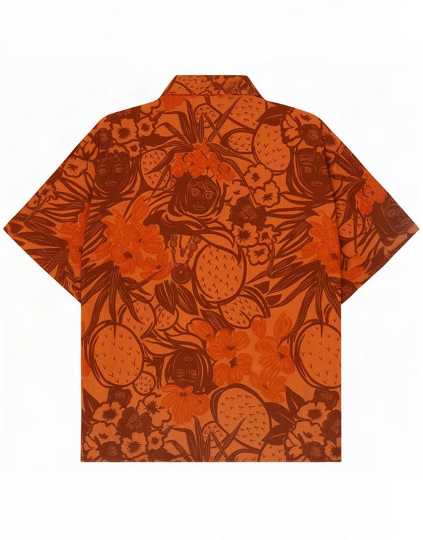 Camicia vintage da uomo a maniche corte grande arancione floreale in cotone