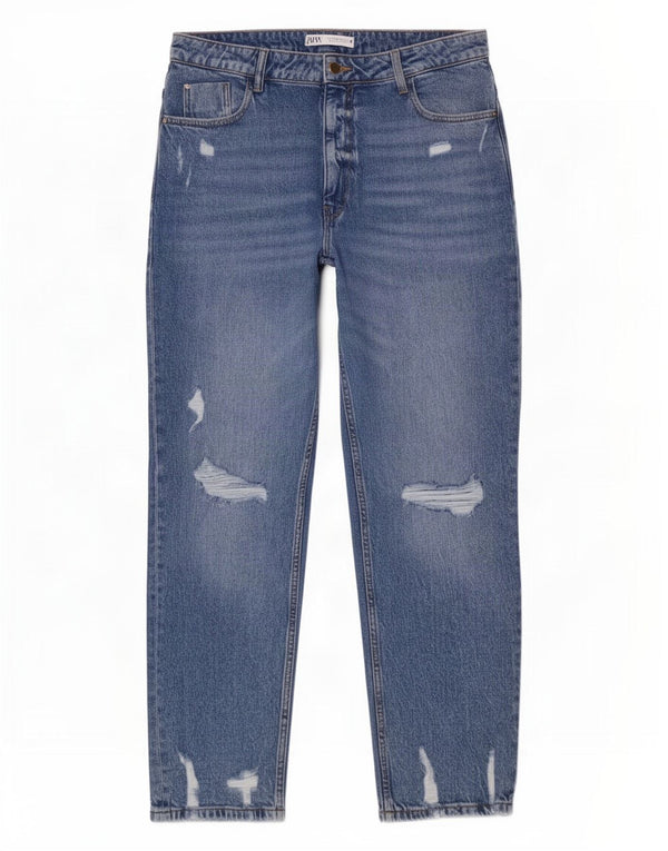 Zara Womens Distressed High Waist Straight Jeans EU 42 Large W32 L28 Blue