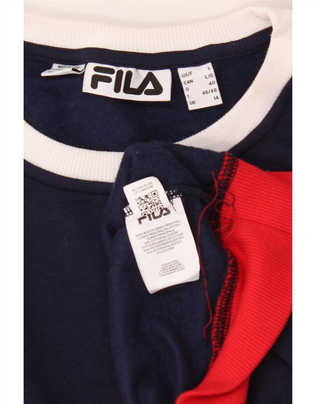 FILA Womens Oversized Crop Sweatshirt Jumper UK 14 Large  Navy Blue Vintage Fila and Second-Hand Fila from Messina Hembry 