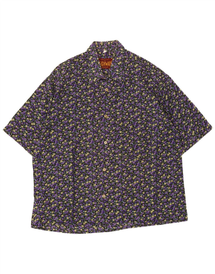 Camicia vintage da uomo a maniche corte viola medio floreale