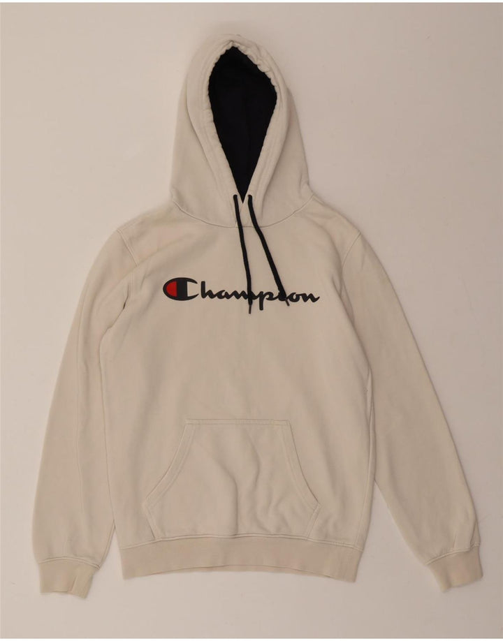 CHAMPION Mens Graphic Hoodie Jumper Small White Cotton Vintage Champion and Second-Hand Champion from Messina Hembry 