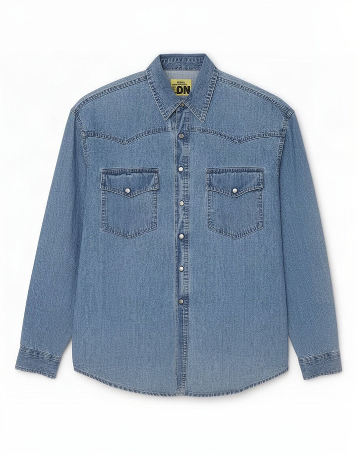 Camicia di jeans vintage da uomo grande in cotone blu