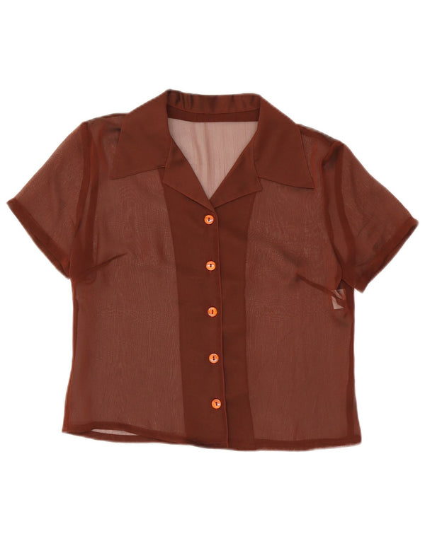 Camicetta vintage da donna a maniche corte trasparente UK 12 Marrone medio