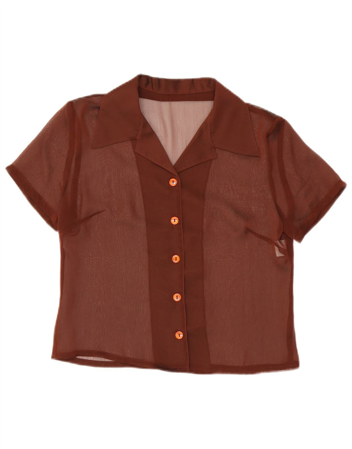 Camicetta vintage da donna a maniche corte trasparente UK 12 Marrone medio