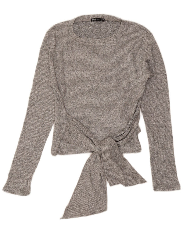 Zara Top corto da donna con allacciatura sul davanti a maniche lunghe UK 14 Large in viscosa grigia