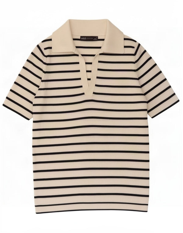 Marks & Spencer Womens Polo Shirt UK 12 Medium White Striped Cotton