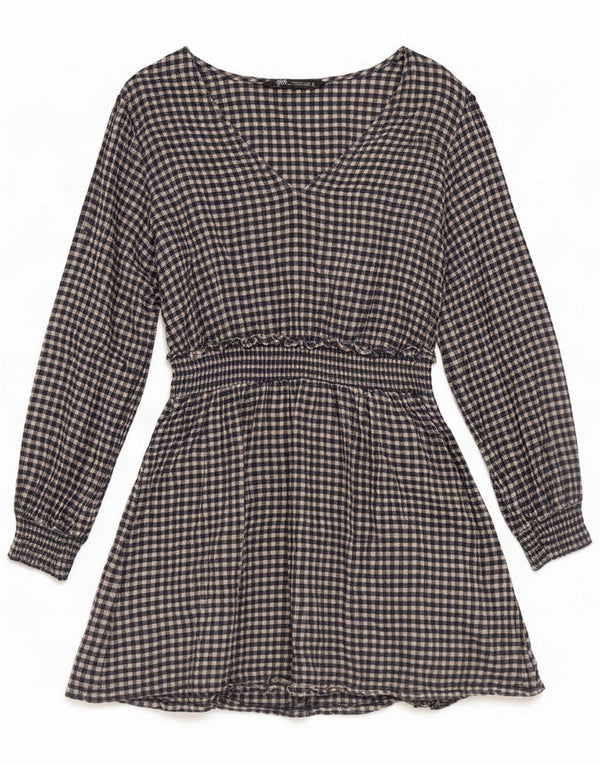 Abito impero a maniche lunghe da donna Zara UK 14 Grande cotone a quadretti blu navy